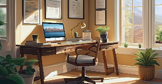 A well-organized home office featuring a wooden desk, a laptop with financial graphs, documents, a coffee cup, and a potted plant, all bathed in warm sunlight.