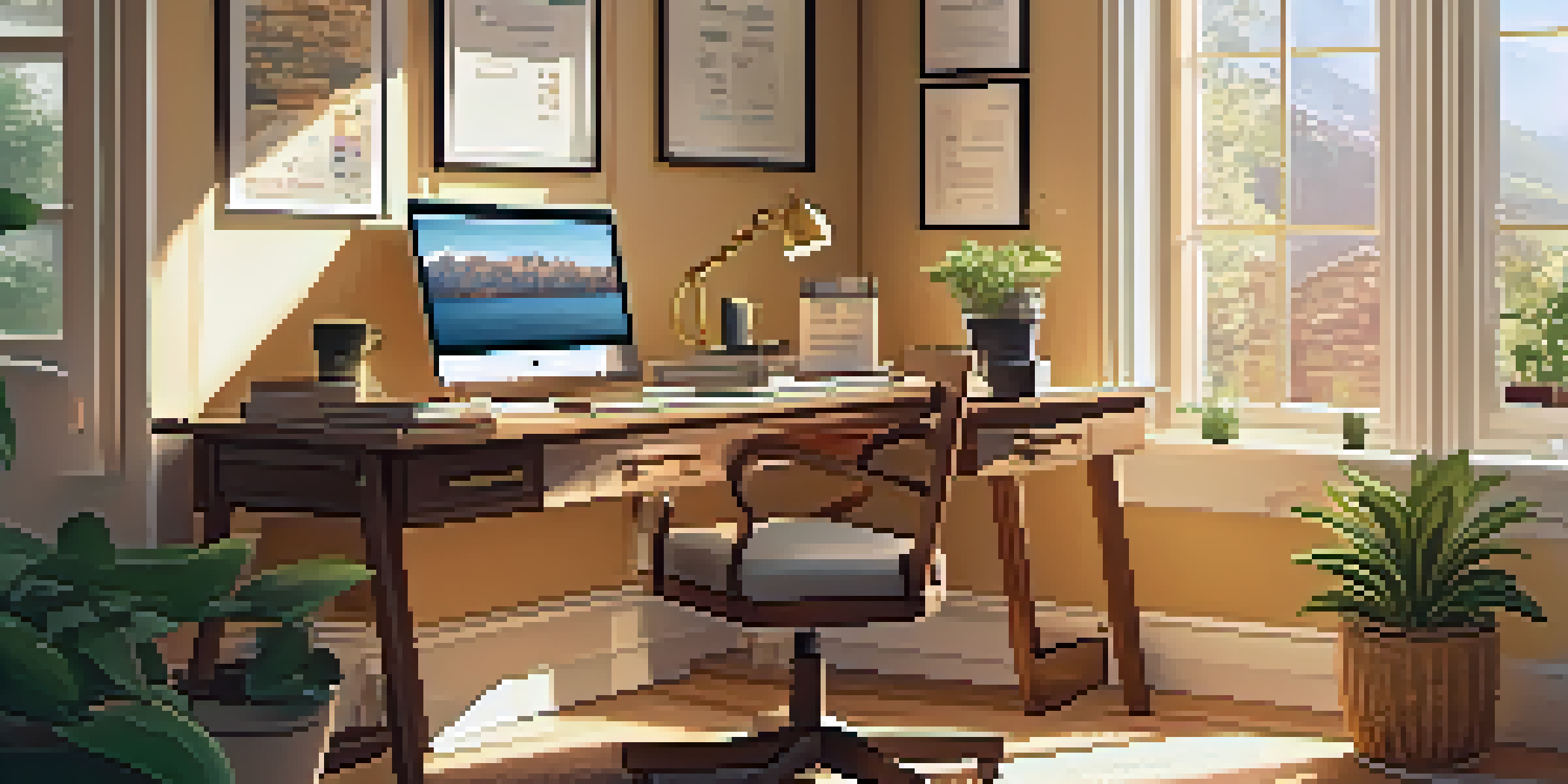A well-organized home office featuring a wooden desk, a laptop with financial graphs, documents, a coffee cup, and a potted plant, all bathed in warm sunlight.