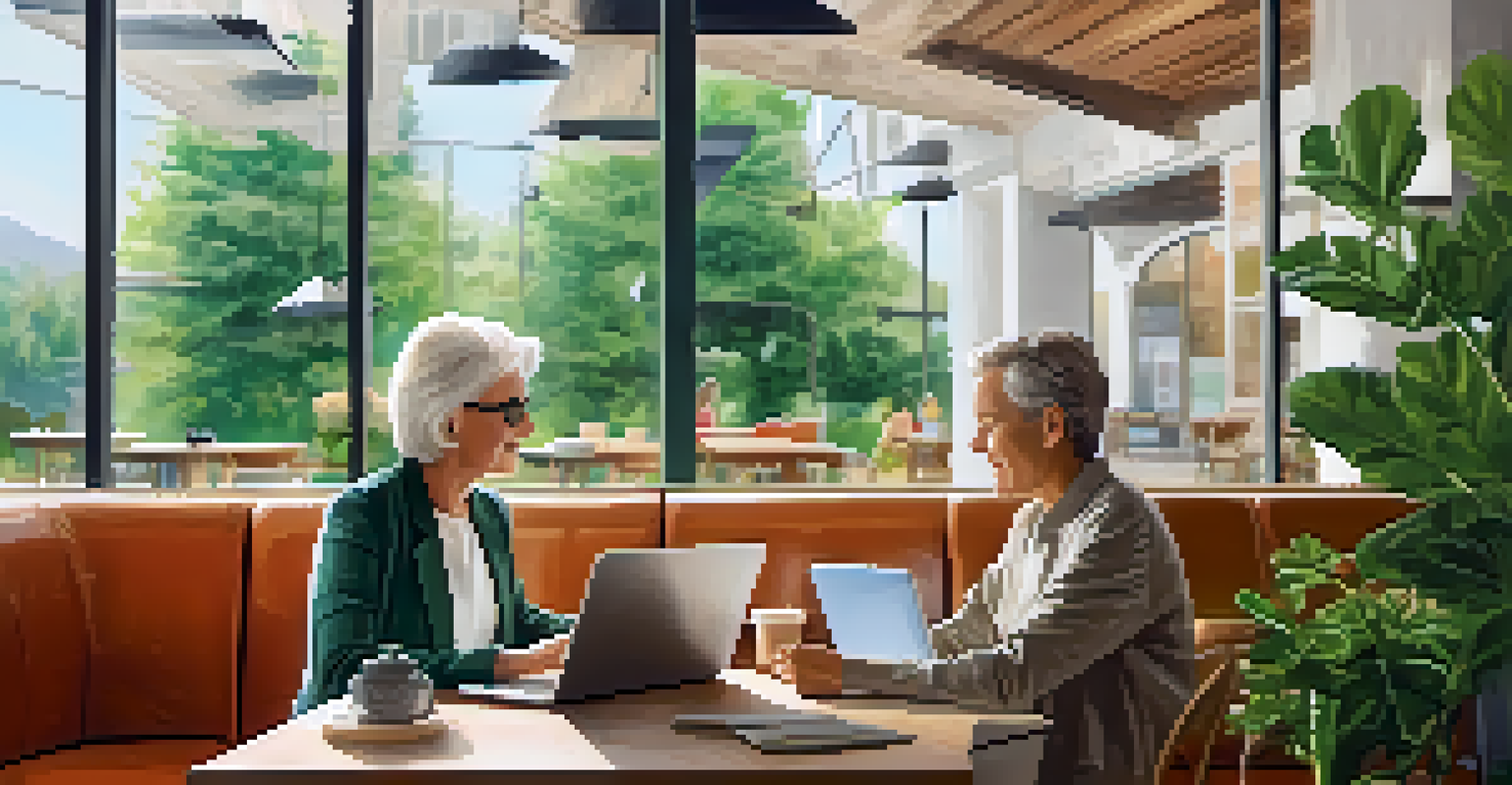 A young professional explaining health savings accounts to an elderly person in a modern café, depicting a collaborative financial planning session.