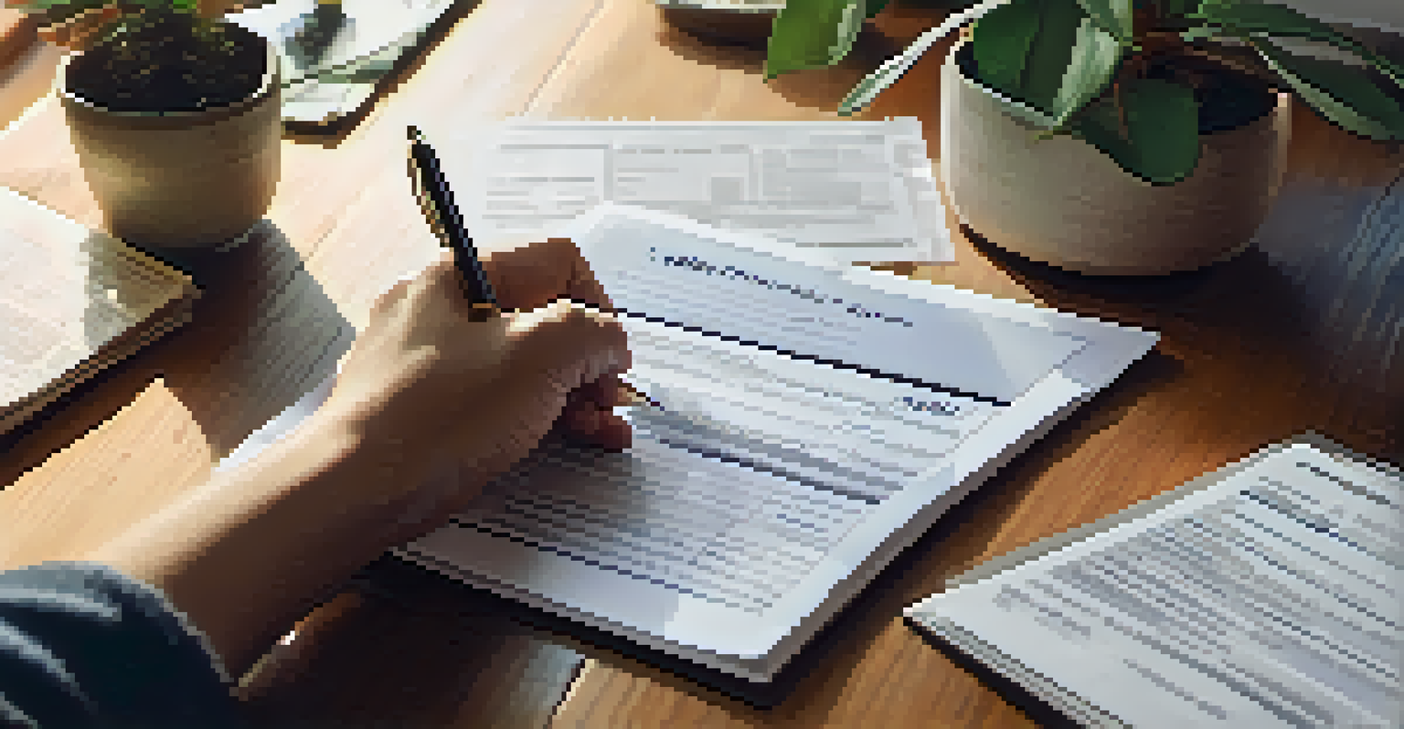 Close-up of hands filling out a tax form with a pen, calculator, and a cozy home office background.