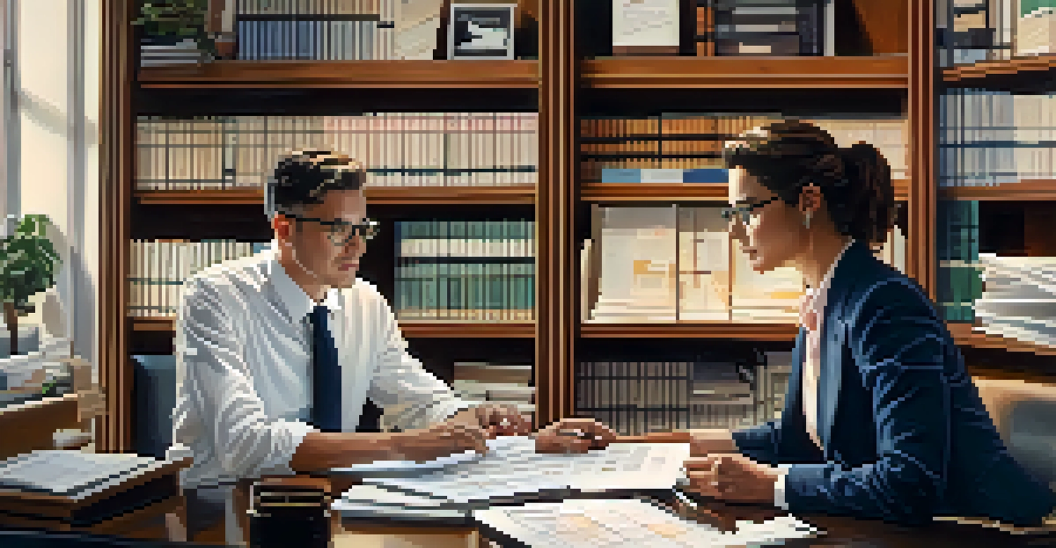A freelancer and a tax professional discussing documents in a well-stocked office, showcasing a collaborative atmosphere.