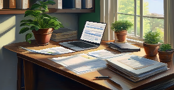 A cozy office desk with tax forms, a laptop, a coffee mug, and a bookshelf in the background, illuminated by natural light.