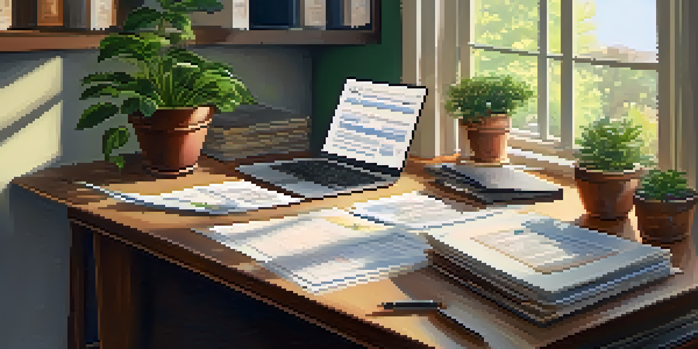 A cozy office desk with tax forms, a laptop, a coffee mug, and a bookshelf in the background, illuminated by natural light.