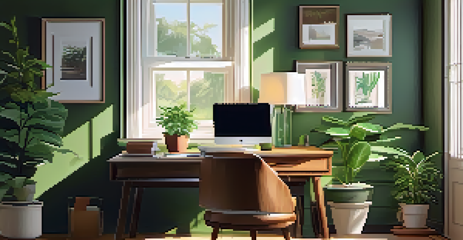 A tranquil home office with a desk, laptop, and a potted plant, illuminated by soft morning light.