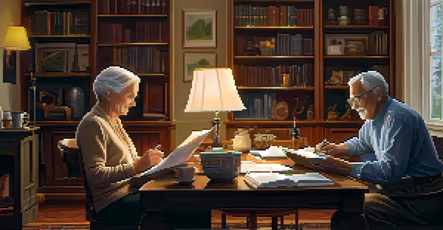 An elderly couple discussing financial documents in a cozy living room with warm lighting.