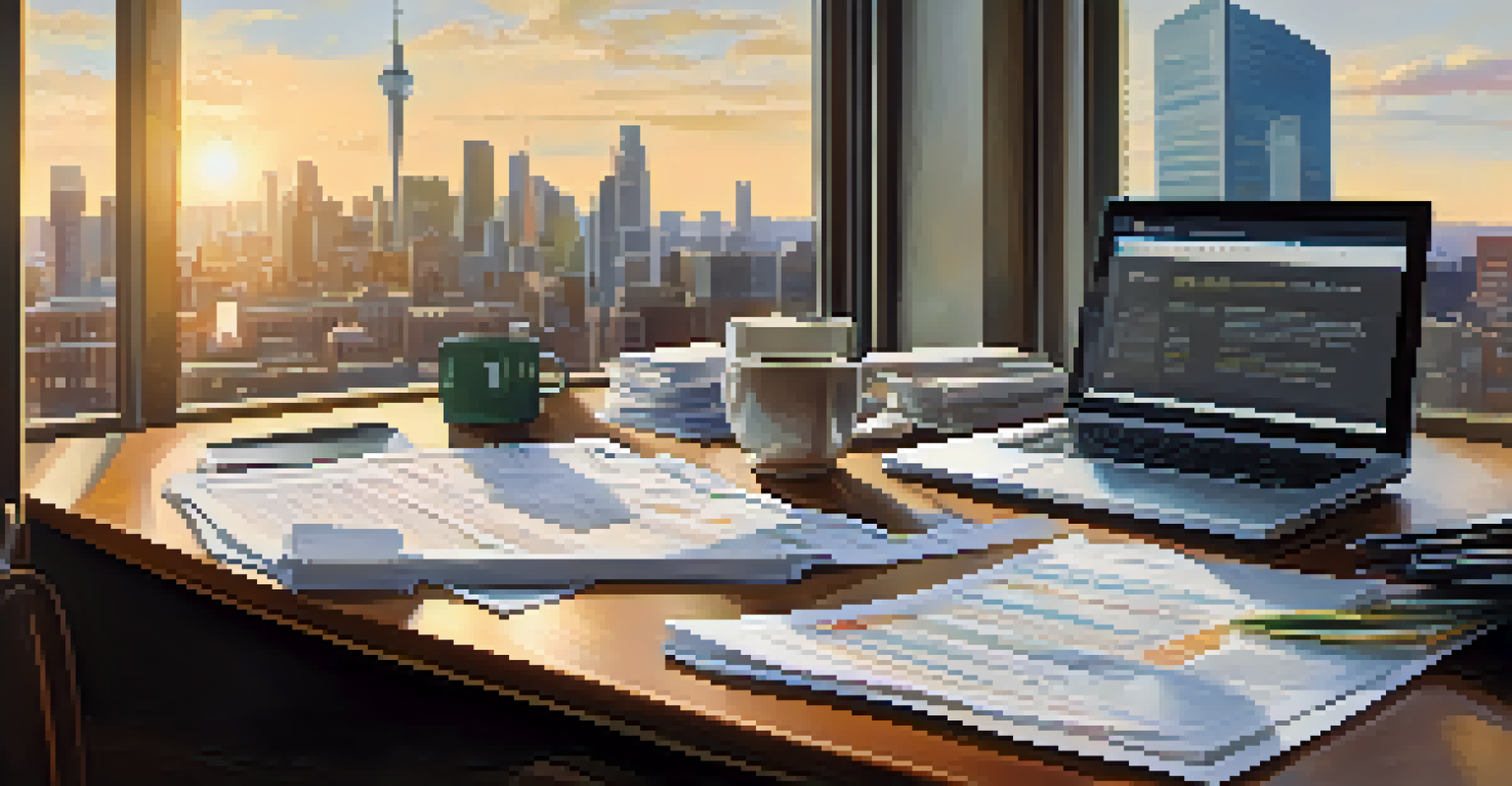 An office desk with financial documents and a laptop, featuring a view of a city skyline through a window.