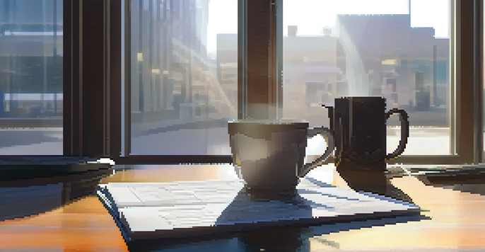 A modern office desk with financial documents, a laptop with tax calculations, and a cup of coffee, illuminated by soft morning light.