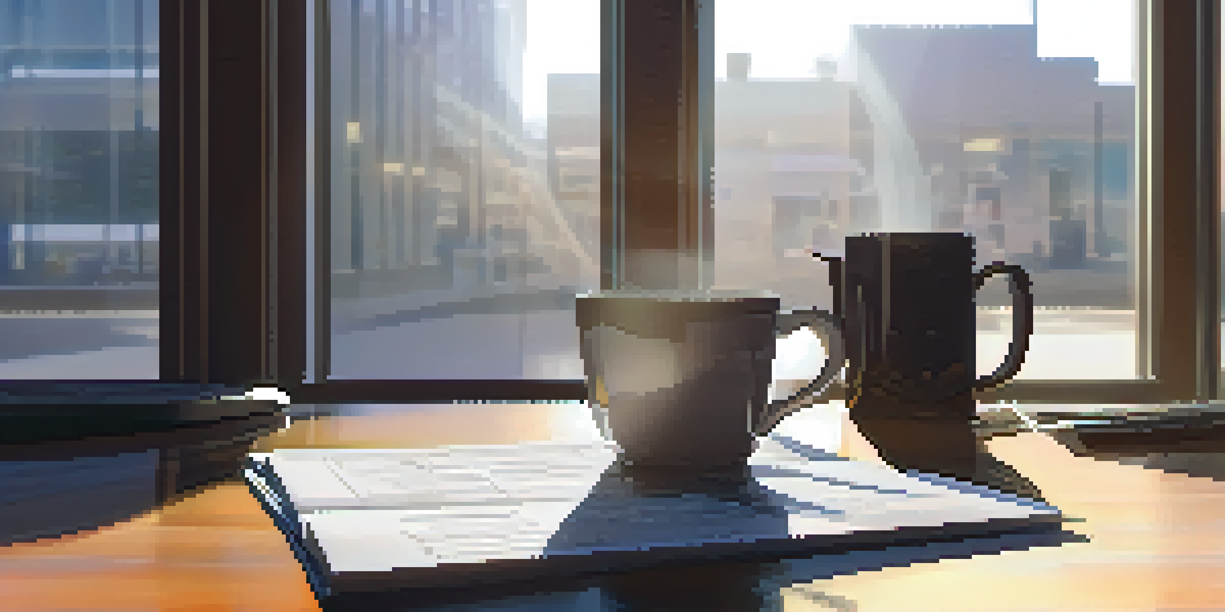 A modern office desk with financial documents, a laptop with tax calculations, and a cup of coffee, illuminated by soft morning light.