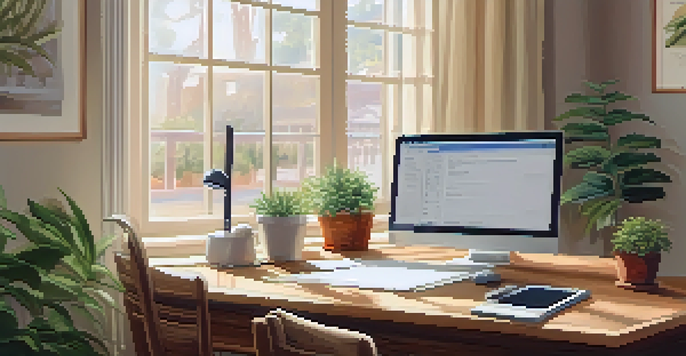 A cozy home office featuring a wooden desk with a laptop, a potted plant, and a coffee mug.
