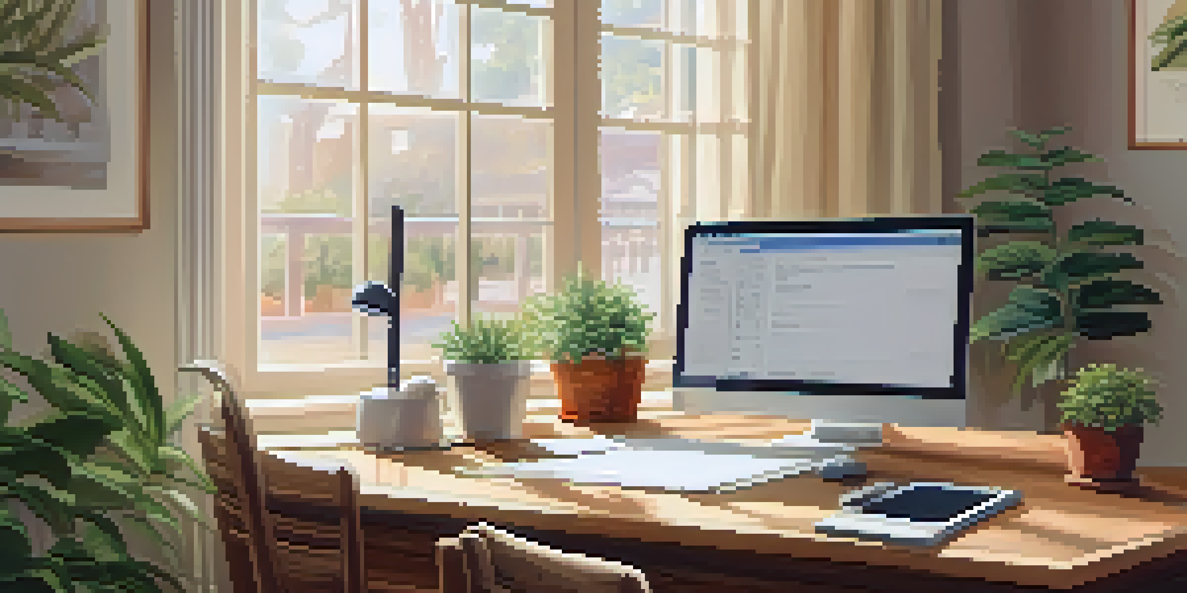 A cozy home office featuring a wooden desk with a laptop, a potted plant, and a coffee mug.