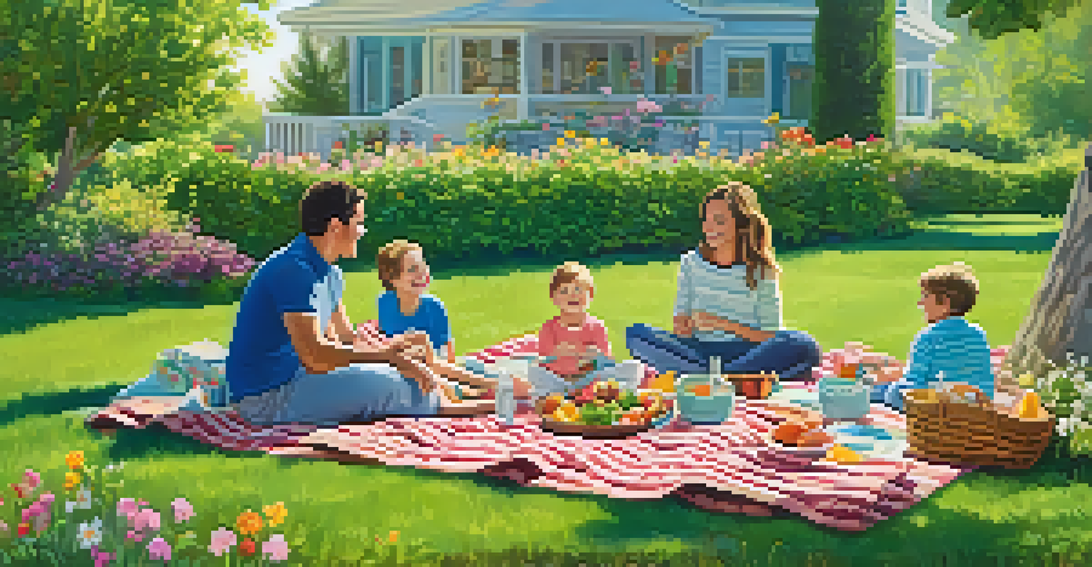 A family having a picnic in a colorful garden filled with flowers and greenery on a sunny day.