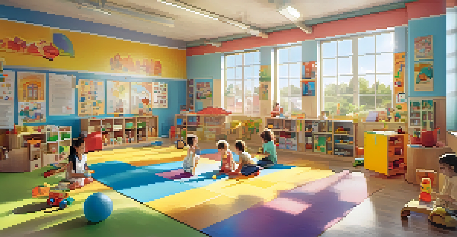 A lively daycare center with children playing and caregivers interacting, showcasing a bright and cheerful environment.