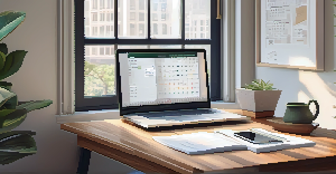 A cozy home office with a wooden desk, laptop, organized documents, and a potted plant, illuminated by soft natural light from a window.