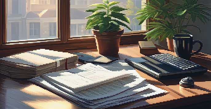 An office desk with documents, a pen, a laptop showing tax software, and a potted plant, illuminated by soft sunlight.