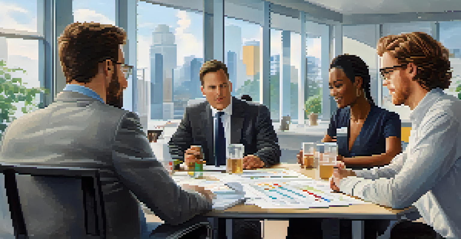 A modern office scene with a diverse group discussing tax reforms, surrounded by charts and natural light.