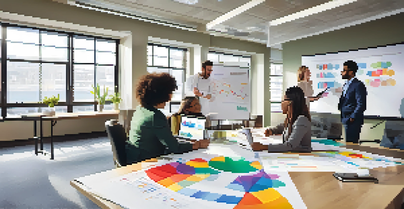 A diverse group of professionals working together in a bright conference room with charts on a whiteboard.