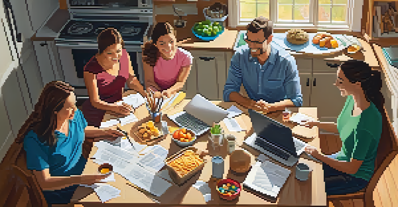 A family gathered around a kitchen table, collaboratively working on their tax returns with papers and a laptop, illuminated by sunlight.
