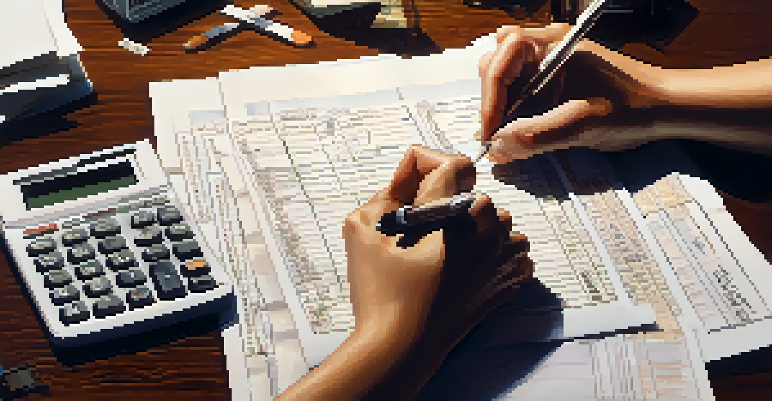 Close-up of hands writing in a notebook with a calculator and receipts on a wooden table, highlighting the importance of tax documentation.