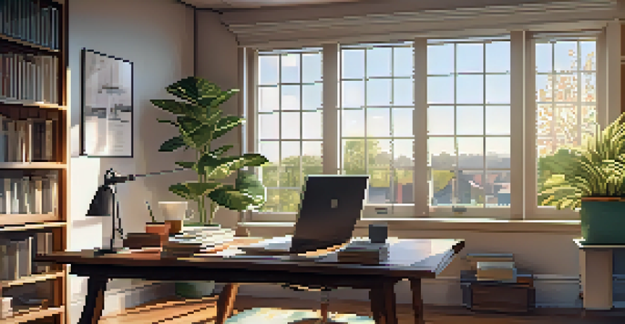 A cozy home office with a wooden desk, laptop, potted plant, and financial books, illuminated by warm afternoon light from a window.