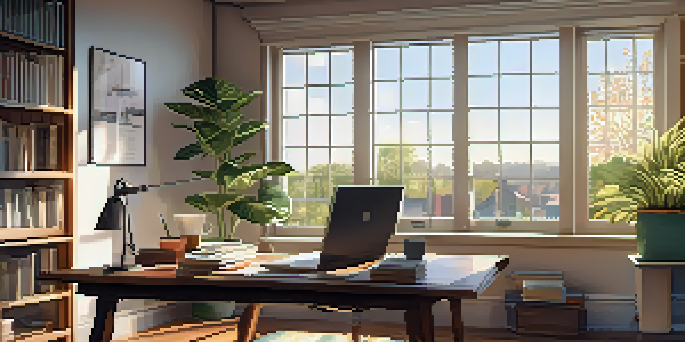 A cozy home office with a wooden desk, laptop, potted plant, and financial books, illuminated by warm afternoon light from a window.