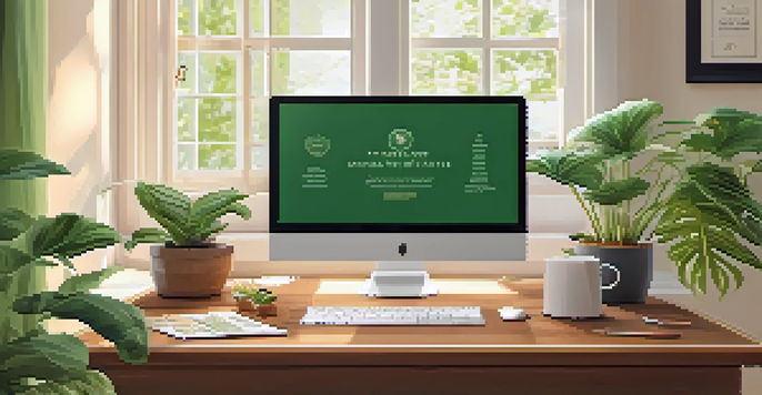 A warm and inviting home office with a wooden desk, laptop, tax documents, and a cup of coffee under natural light.