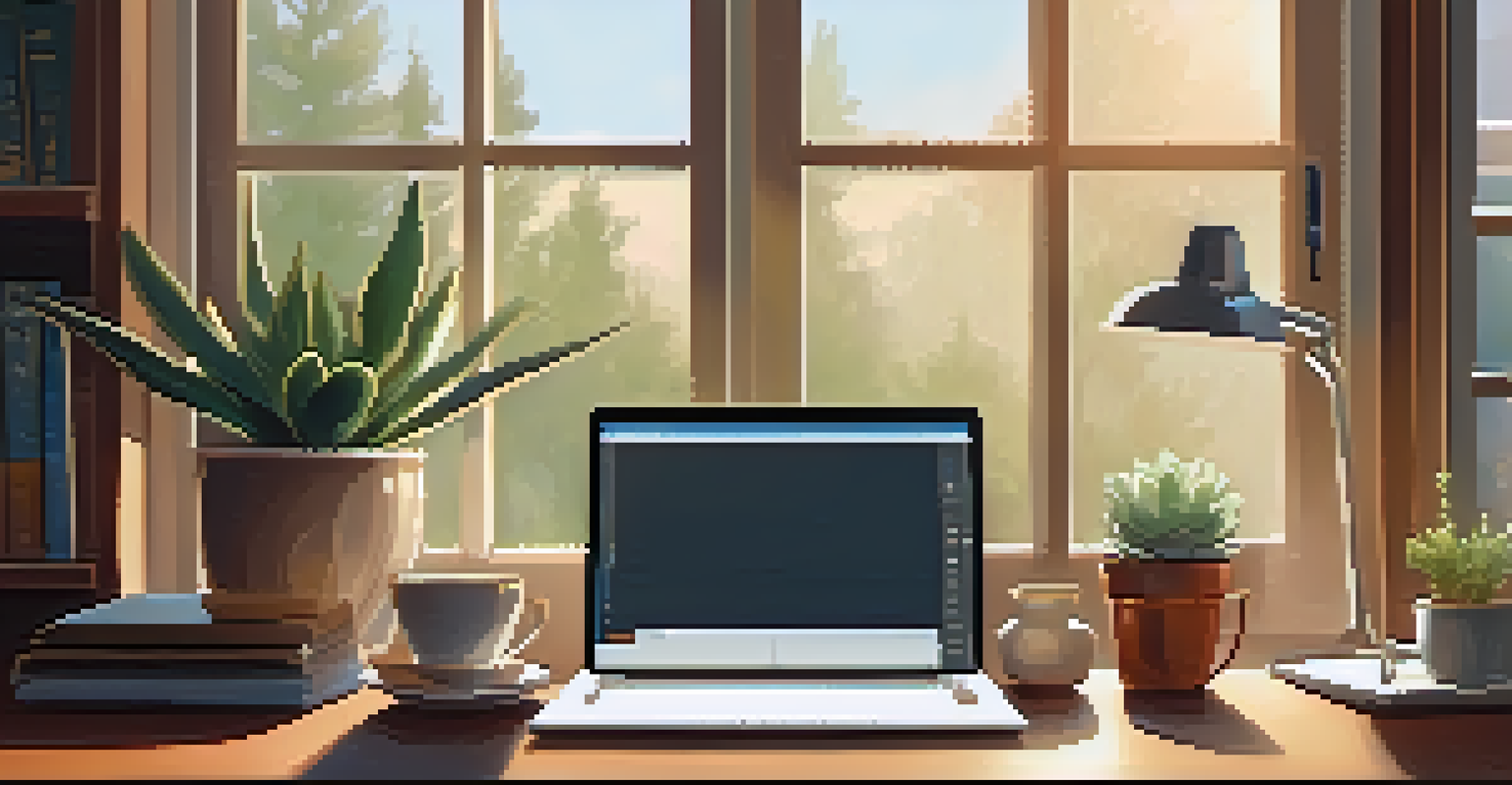 A modern workspace with a wooden desk, laptop, coffee cup, and a bookshelf, bathed in soft natural light.
