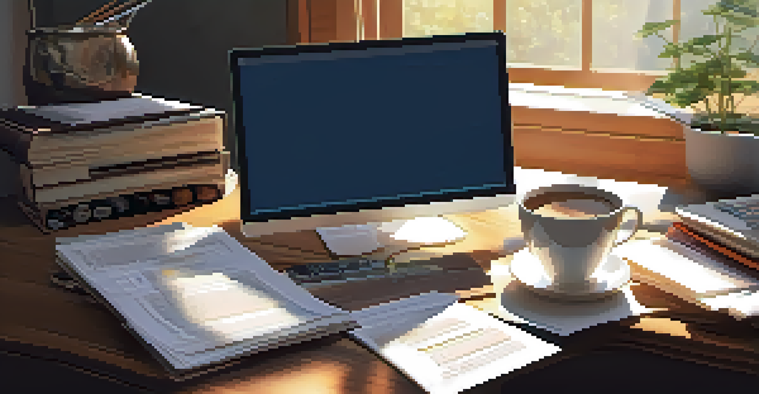 A wooden desk with a laptop, tax documents, a calculator, and a steaming cup of coffee in warm sunlight.