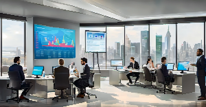 A diverse group of professionals discussing international tax compliance in a modern office setting with a digital screen showing charts.