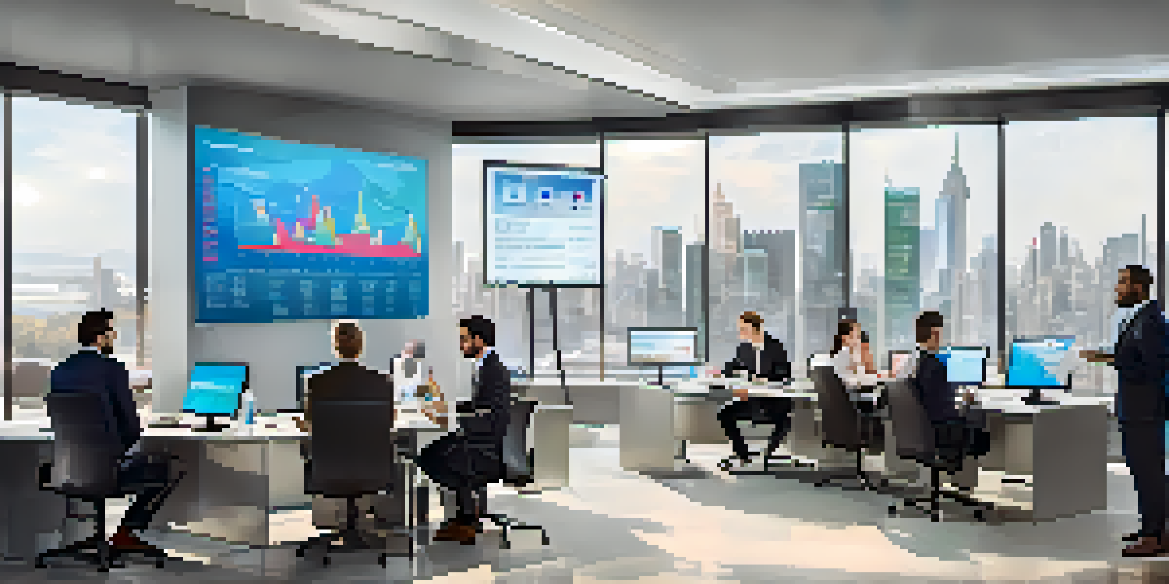 A diverse group of professionals discussing international tax compliance in a modern office setting with a digital screen showing charts.