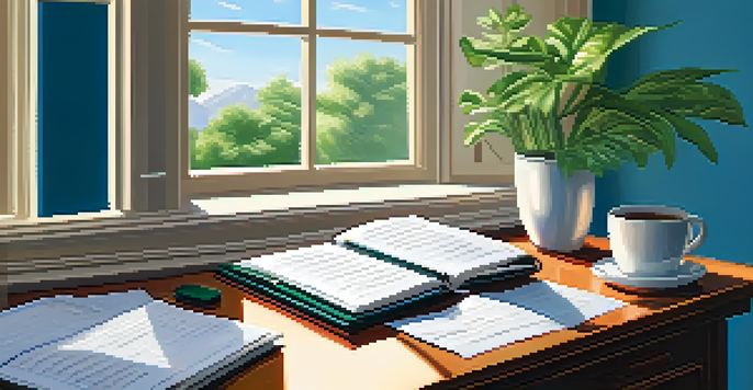 A financial planner's desk with a notebook, calculator, and coffee, illuminated by morning light, with a plant and window in the background.