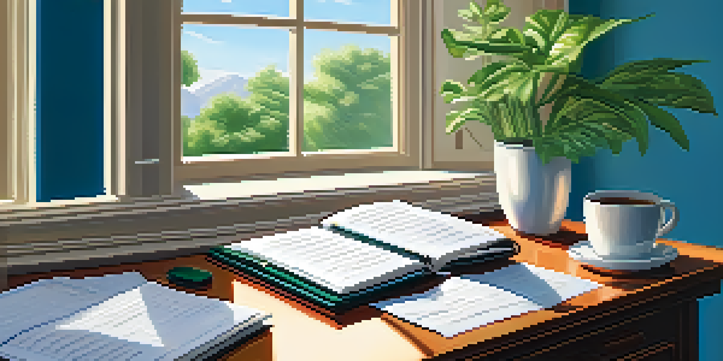 A financial planner's desk with a notebook, calculator, and coffee, illuminated by morning light, with a plant and window in the background.