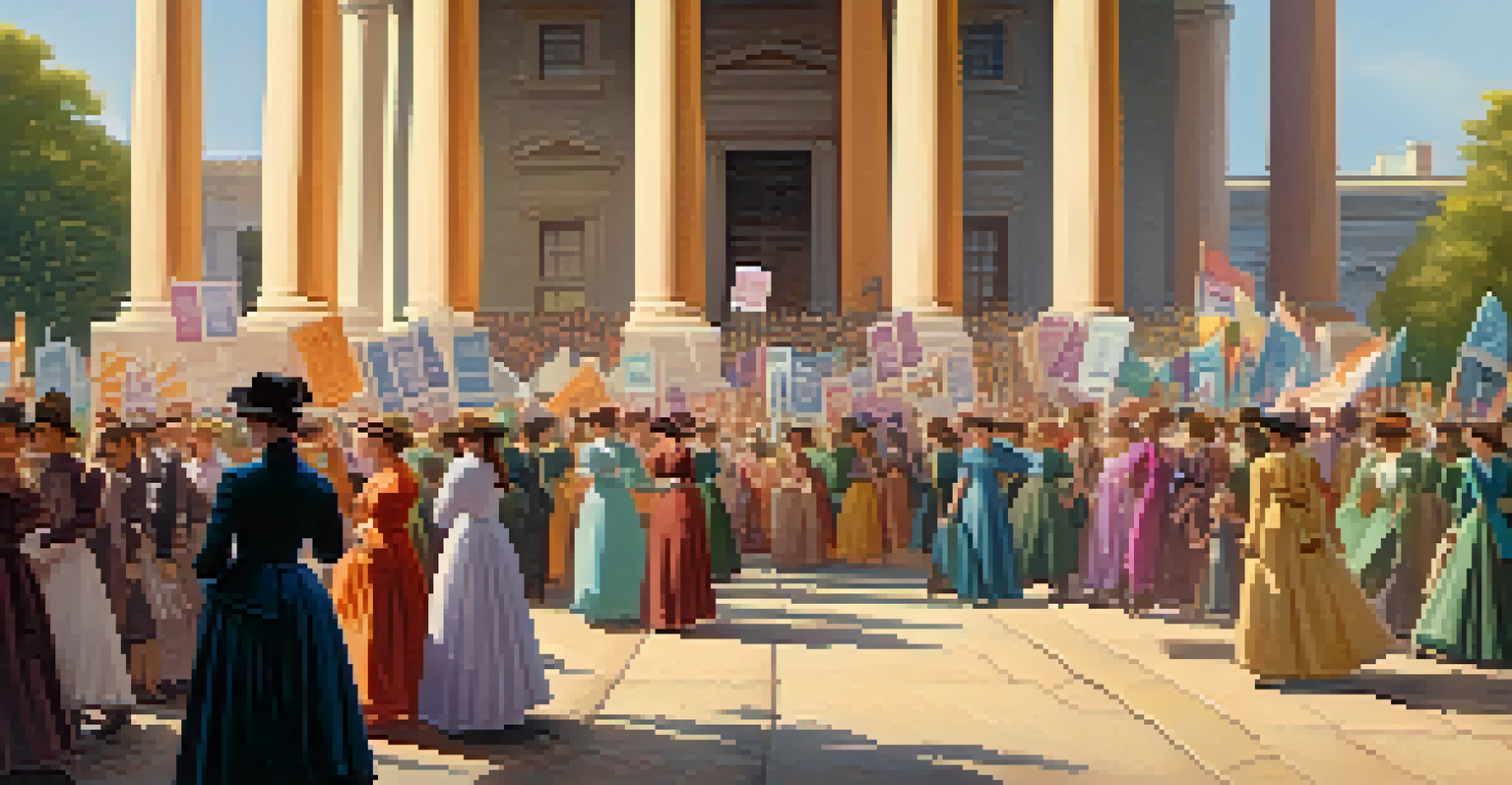 A 19th-century women's suffrage rally with women advocating for taxation reform, displaying banners in front of a historic building.