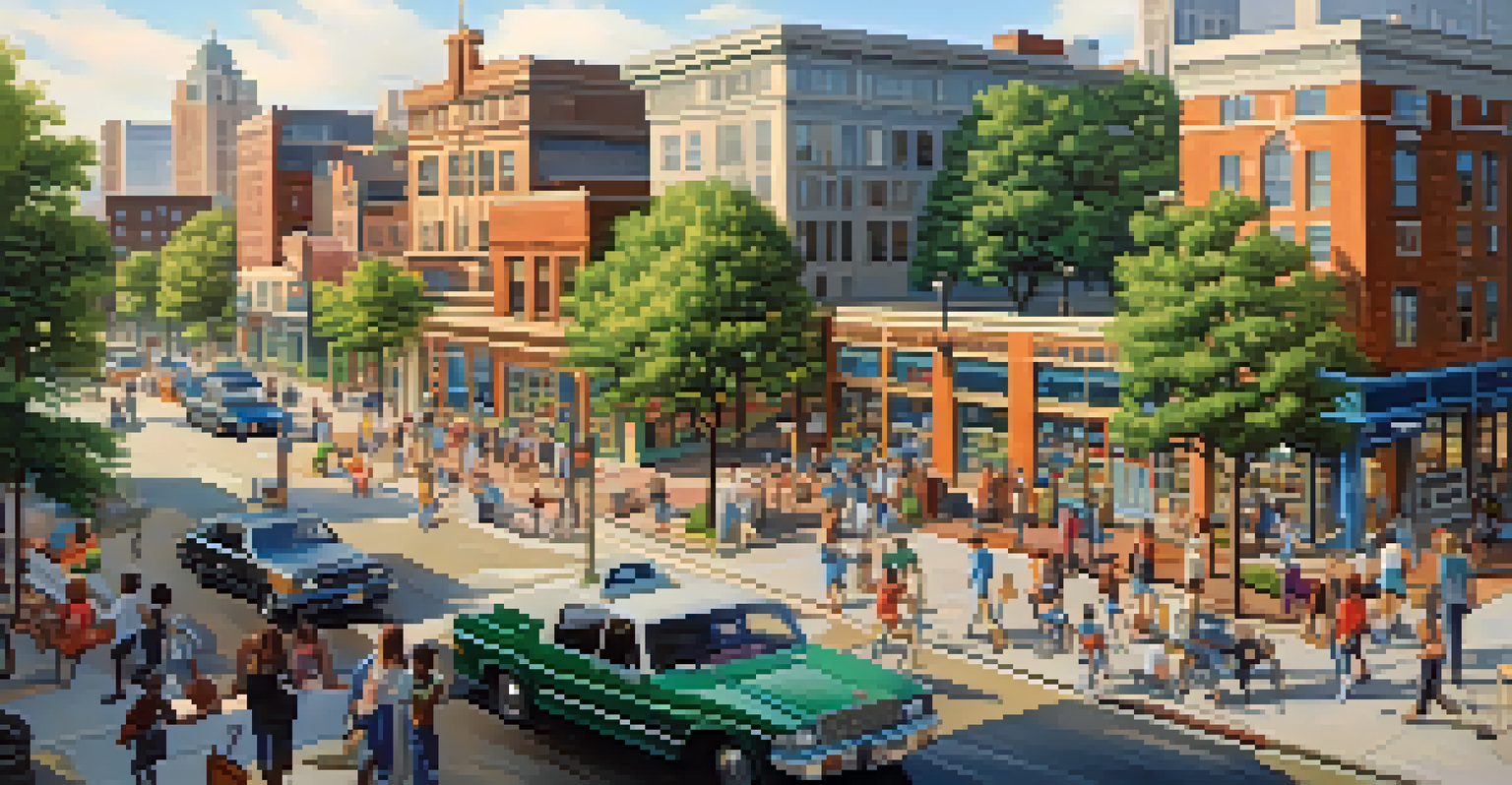 A vibrant community center in a city, illustrating the benefits of a progressive tax system with public services in the background.