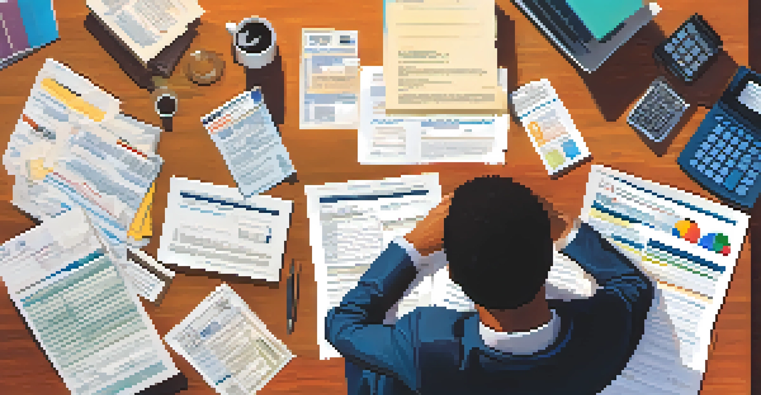 An overhead view of a person working on tax documents, including a W-2 form and a laptop, with a cup of coffee on the table.