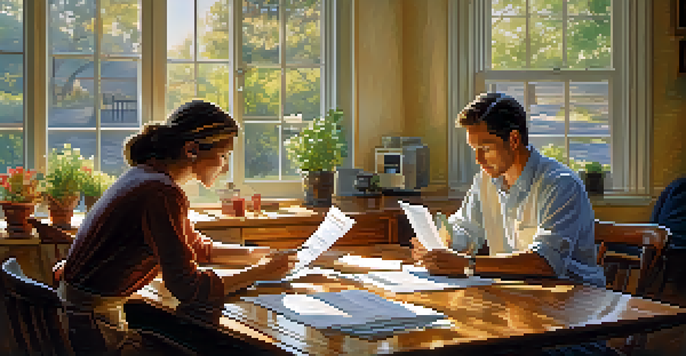 A couple at a kitchen table, discussing finances with documents and a laptop, illuminated by sunlight.