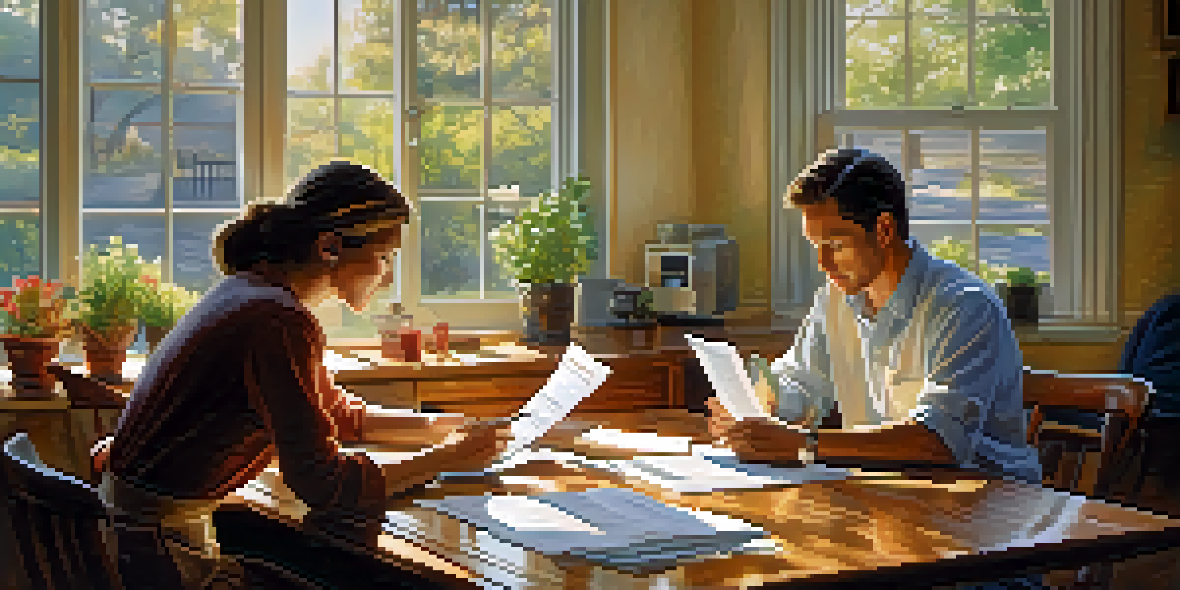 A couple at a kitchen table, discussing finances with documents and a laptop, illuminated by sunlight.
