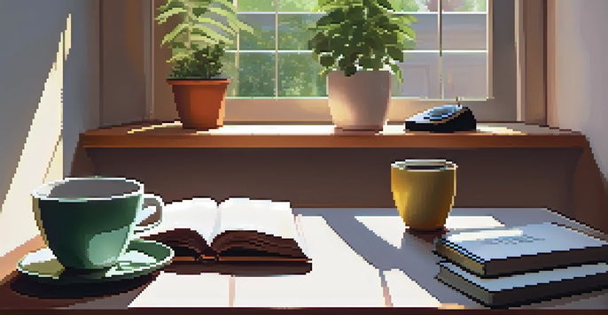 A cozy study area with a wooden desk, laptop, textbooks, coffee, and a potted plant under soft sunlight.