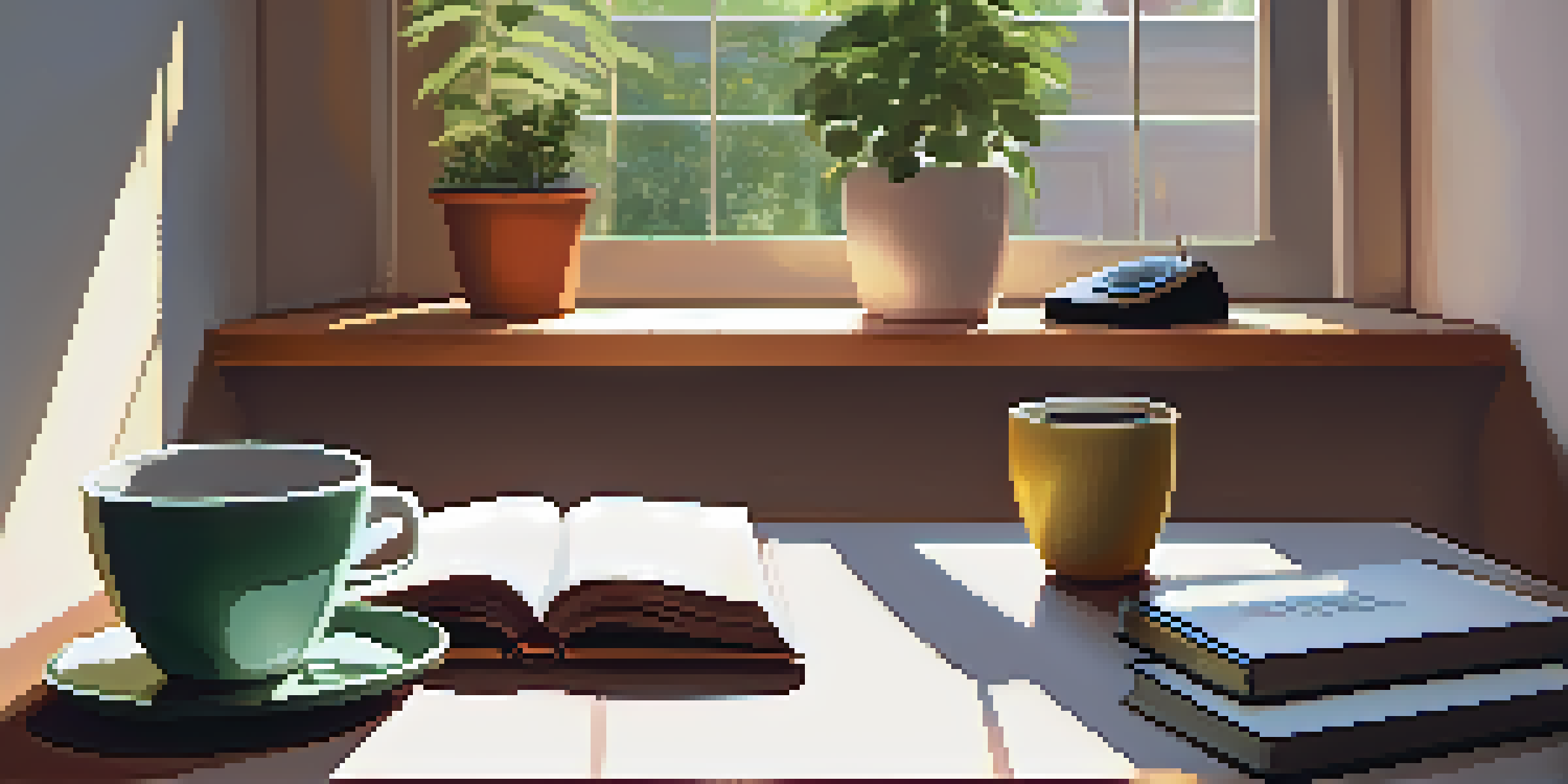 A cozy study area with a wooden desk, laptop, textbooks, coffee, and a potted plant under soft sunlight.