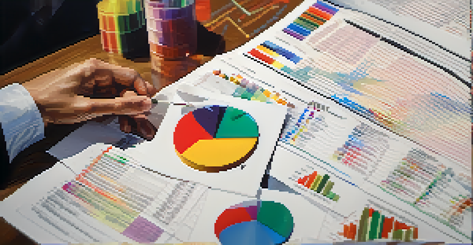 Close-up of hands holding a financial document with colorful graphs and numbers, with a blurred background emphasizing the document's details.