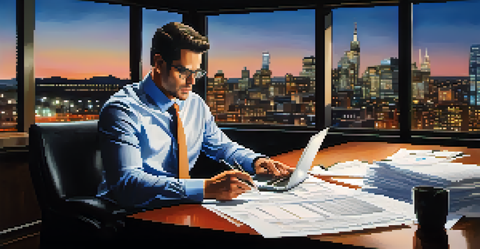 A focused tax consultant reviewing financial documents in a modern office with a city skyline view.