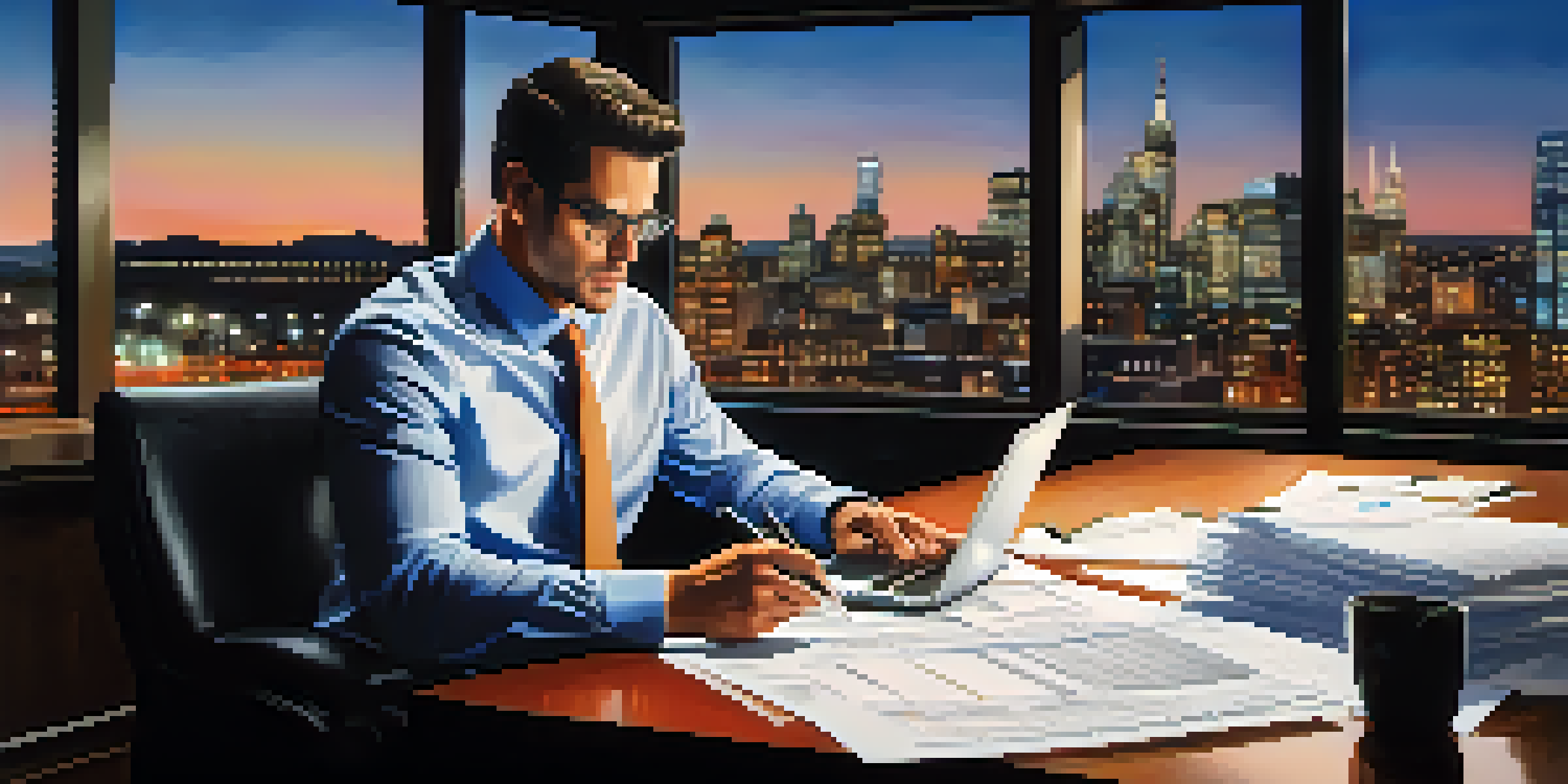 A focused tax consultant reviewing financial documents in a modern office with a city skyline view.