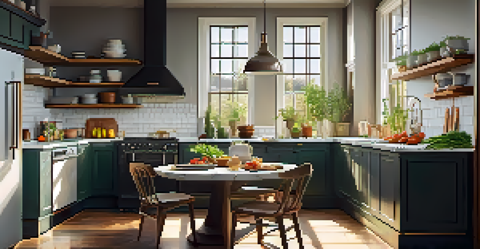 A modern kitchen with a marble countertop, dining table, and fresh ingredients on display.