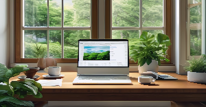 A cozy home office with a wooden desk, a laptop showing a tax calculator, plants, and a cup of coffee, illuminated by natural light.