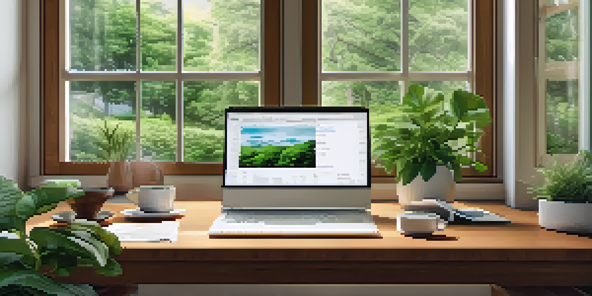 A cozy home office with a wooden desk, a laptop showing a tax calculator, plants, and a cup of coffee, illuminated by natural light.