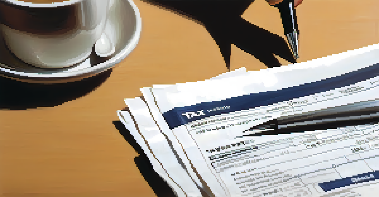 A hand writing on a tax return form with a calculator and coffee cup in the background.