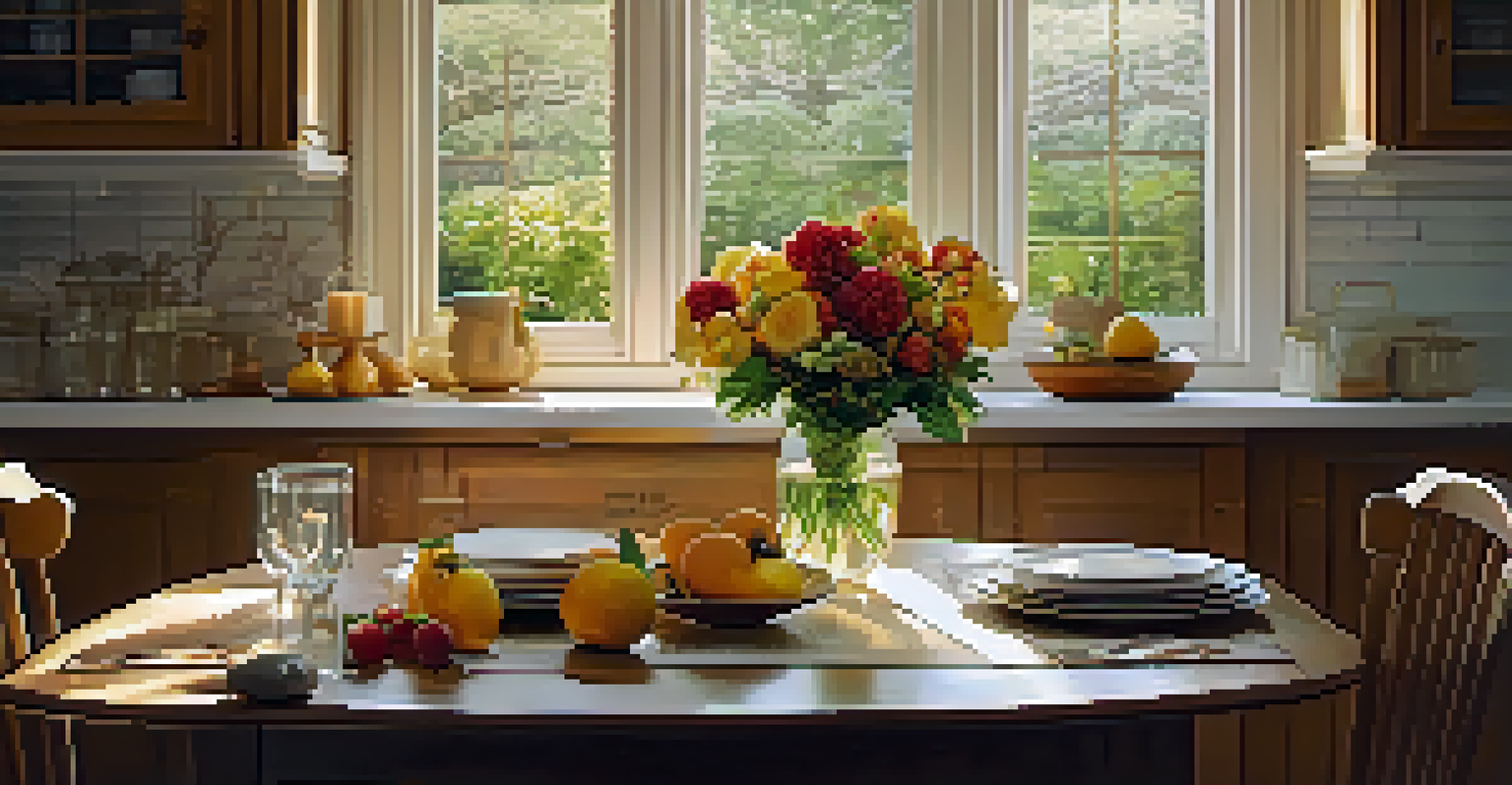 A beautifully arranged dining table in a warm kitchen, featuring fruits, flowers, and candlelight.