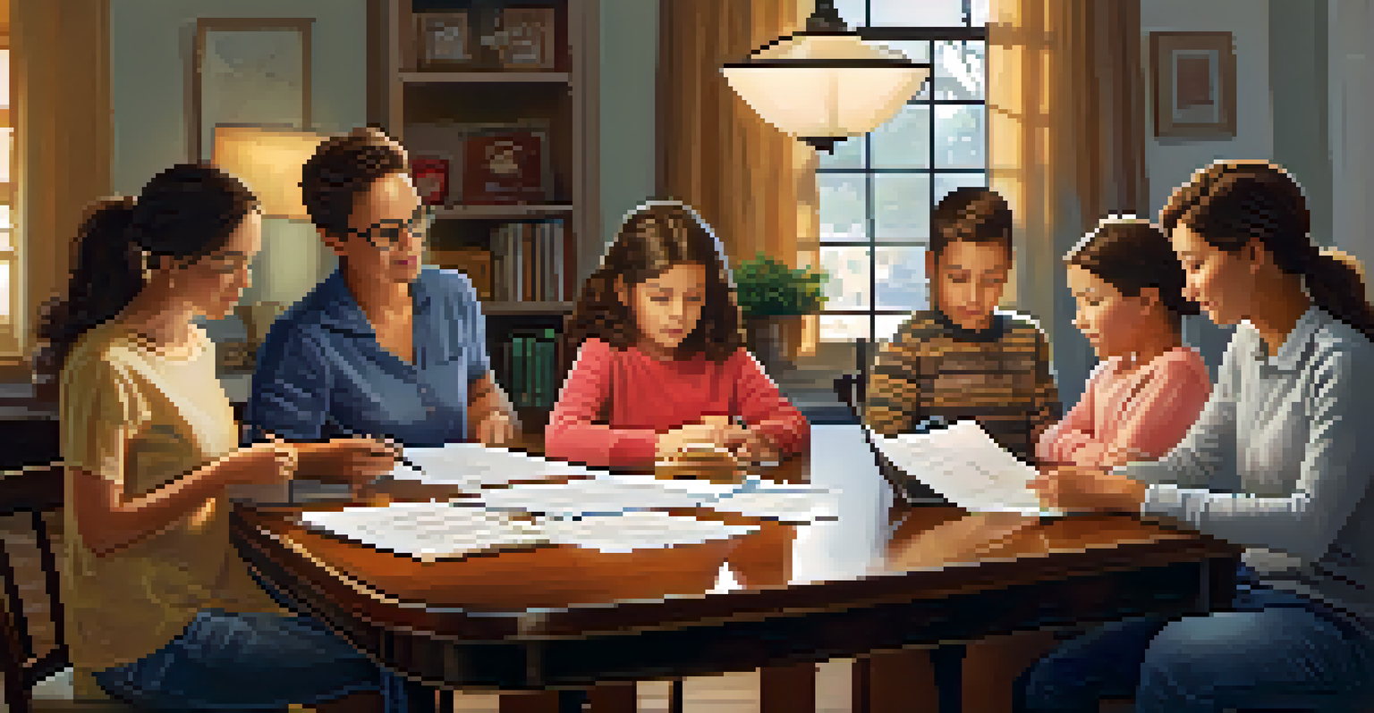 A family at a dining table discussing tax documents and using a calculator in a warmly lit environment.