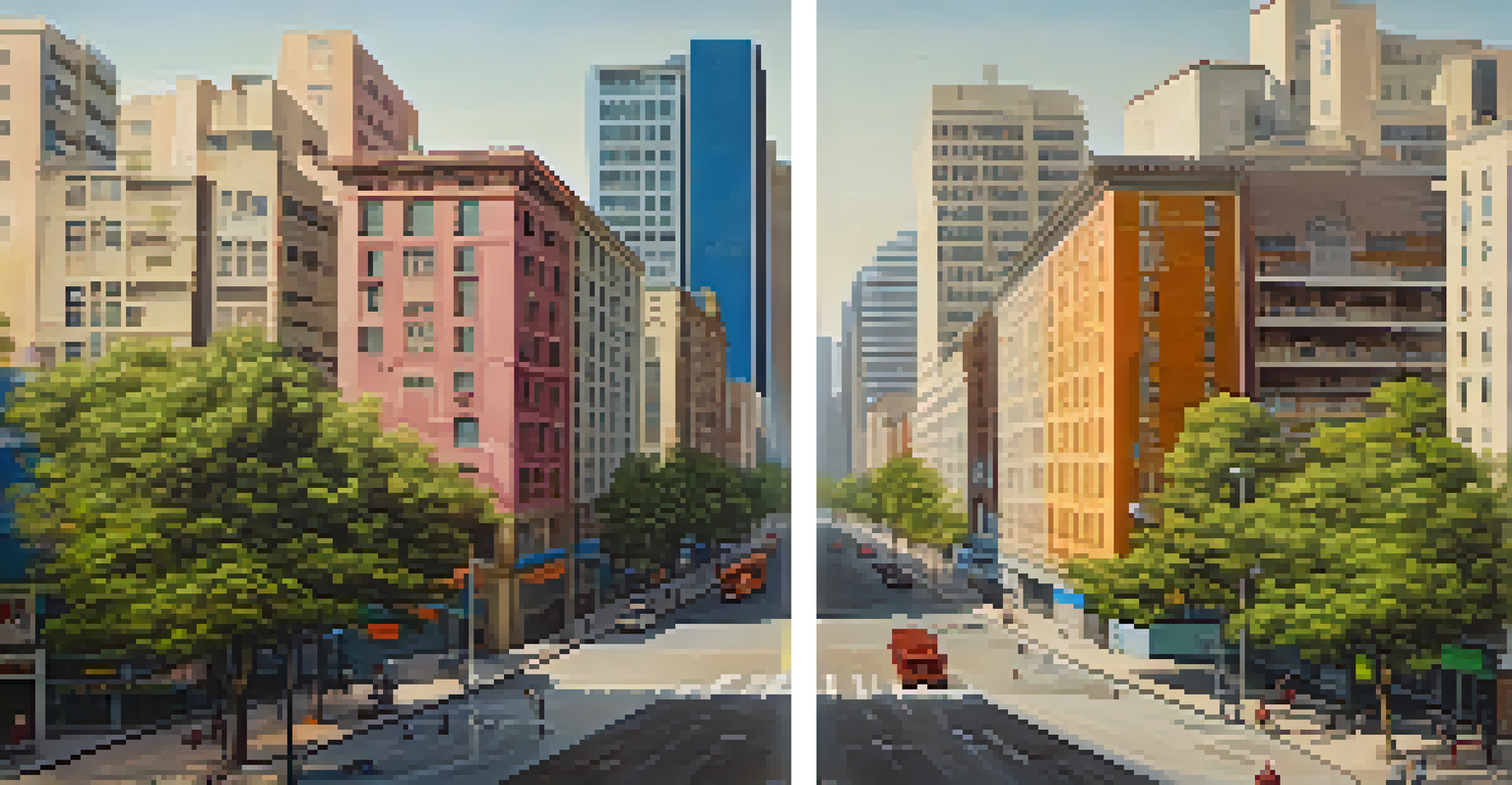 A split image contrasting a prosperous city with modern architecture and a struggling area with dilapidated buildings, showcasing economic inequality.