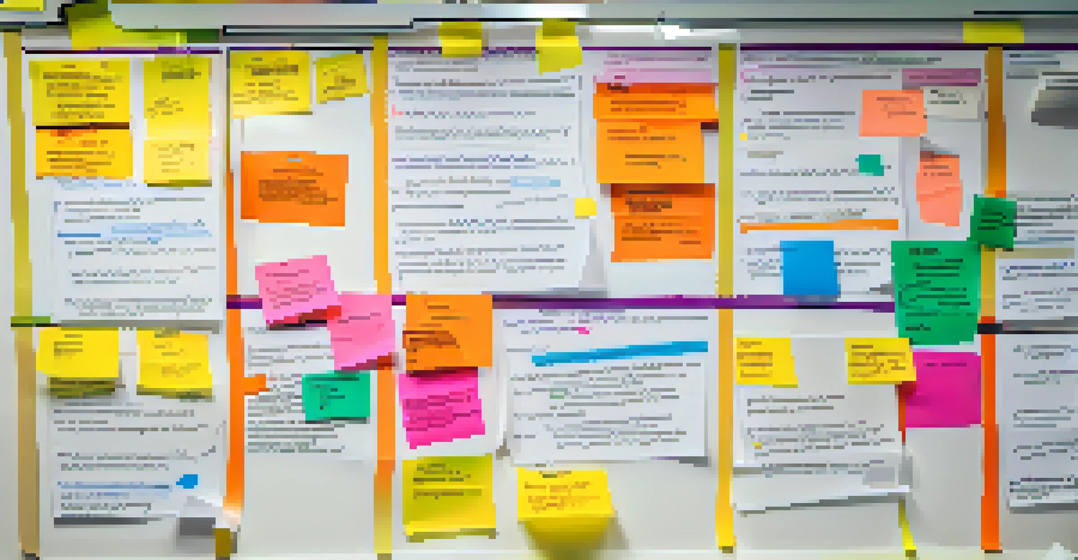 A close-up of a whiteboard filled with colorful sticky notes and flowcharts for an action plan, set in an office environment.