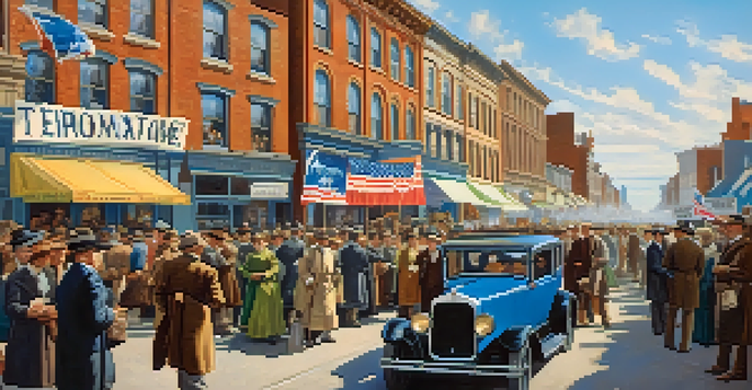 A lively street scene in the early 20th century with diverse individuals advocating for economic equality through banners and signs.
